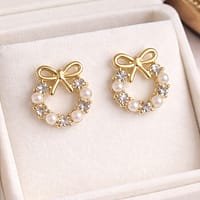 Gold Bow Pearl Stud Earrings with Pearl & Crystal Detailing