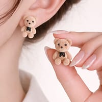 Teddy Bear Stud Earrings with Soft Plush Finish and Bow Detail