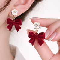 Red Velvet Bow Drop Earrings with White Flower Crystal Stud