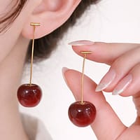 Cherry Drop Earrings with Glossy Red Finish and Gold Stem Design