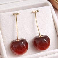 Cherry Drop Earrings with Glossy Red Finish and Gold Stem Design