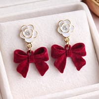 Red Velvet Bow Drop Earrings with White Flower Crystal Stud