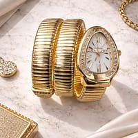 Gold White Dial Women Watch with Crystal Bezel and Ribbed Strap
