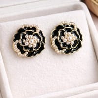 Elegant Black Flower Pearl Stud Earrings for Women with Gold Finish