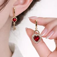 Elegant Red Heart Lock Key Stud Earrings for Women with Crystal Stone
