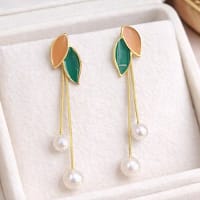 Elegant Leaf Pearl Drop Stud Earrings for Women with Enamel Leaf Design