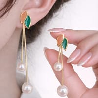 Elegant Leaf Pearl Drop Stud Earrings for Women with Enamel Leaf Design