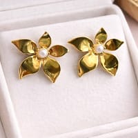 Gold Floral Pearl Stud Earrings for Women