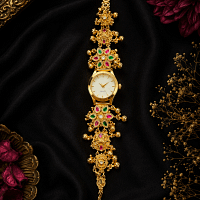 Haripriya Maharani Bracelet Watch for Women – Royal Gold Bracelet Watch with Emerald & Ruby Inspired Stone Design by VEDA JEWELS