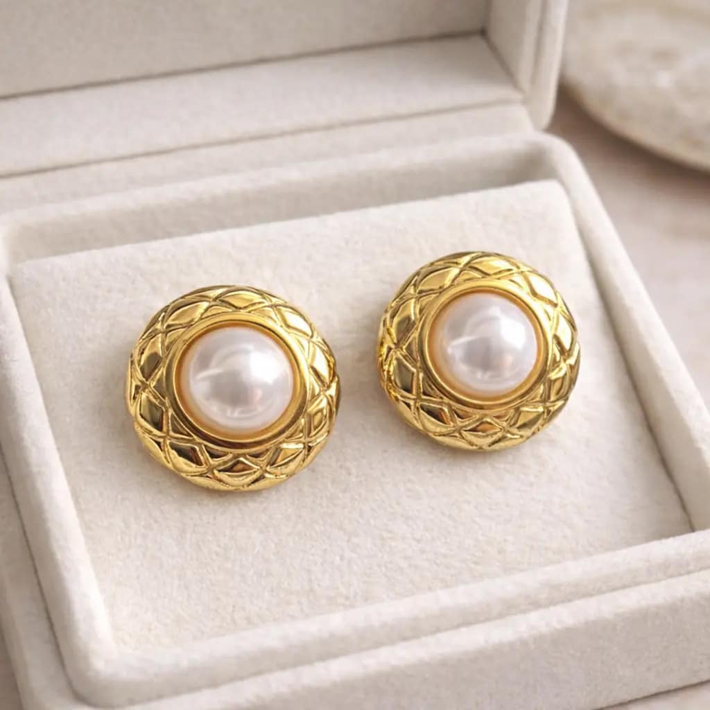 Elegant Gold Pearl Dome Stud Earrings for Women - Image 2