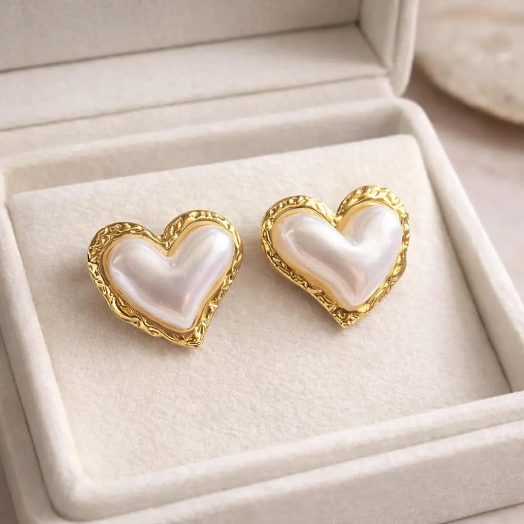 Elegant Gold Heart Pearl Stud Earrings for Women - Image 2