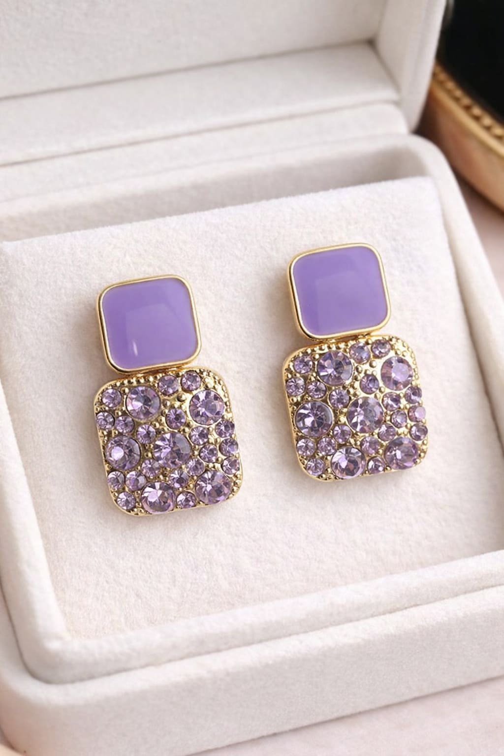 Purple Crystal Square Drop Earrings for Women – Gold Plated Party Wear - Image 2