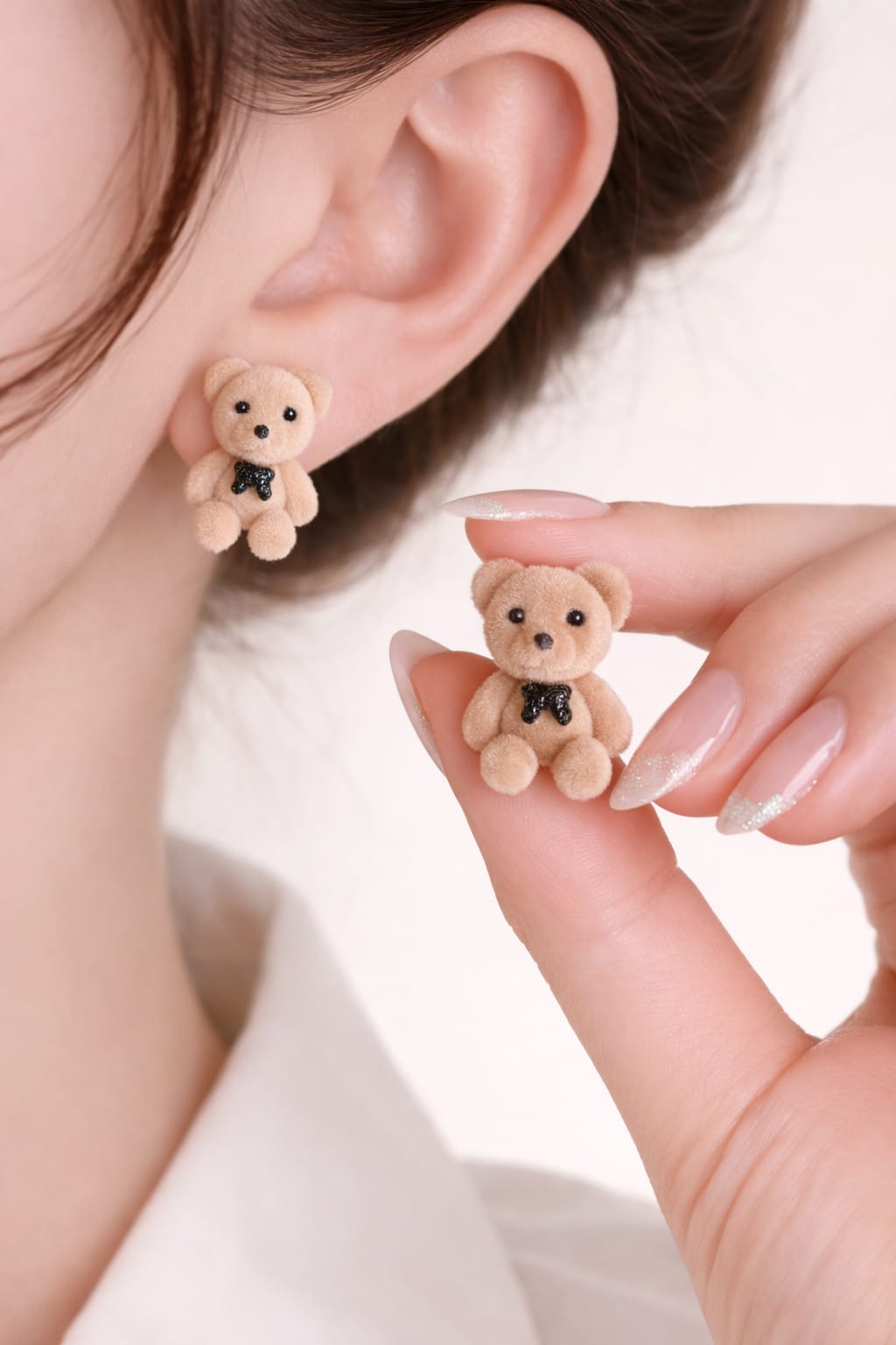 Teddy Bear Stud Earrings with Soft Plush Finish and Bow Detail