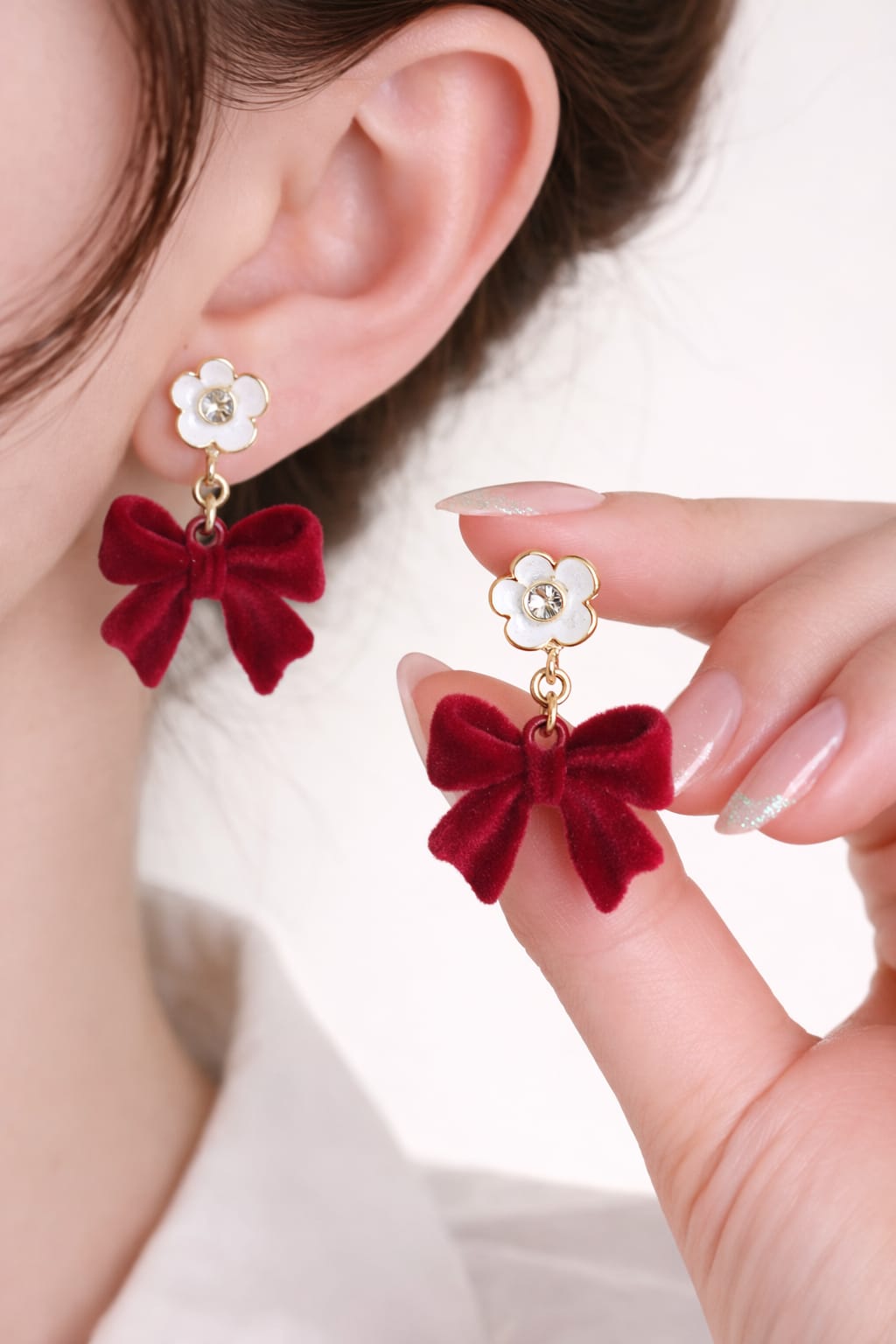 Red Velvet Bow Drop Earrings with White Flower Crystal Stud