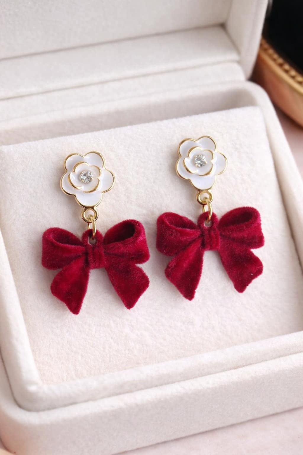 Red Velvet Bow Flower Drop Earrings for Women – Cute Party Wear - Image 2