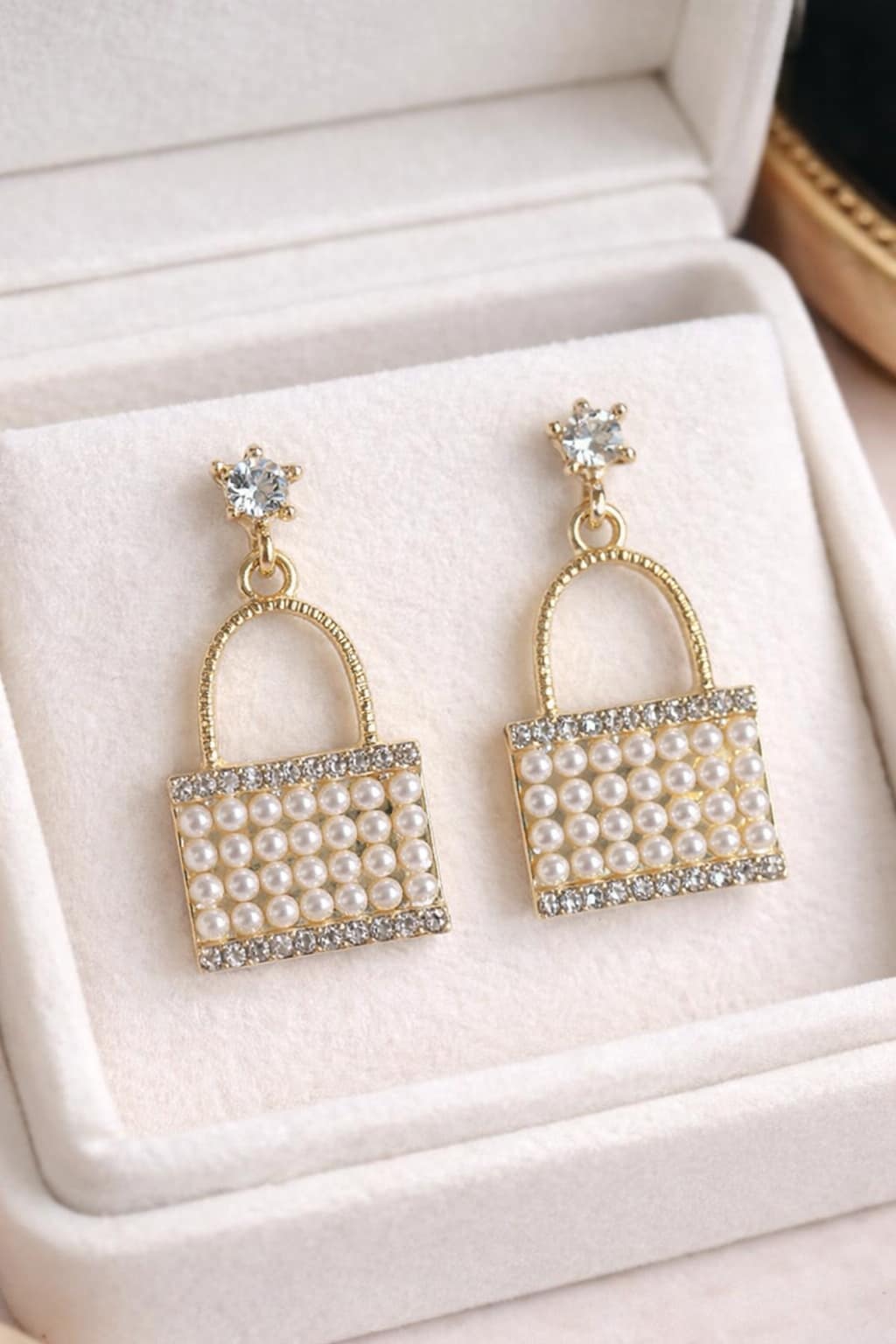 Gold Pearl Handbag Drop Earrings for Women – Crystal Party Wear - Image 2