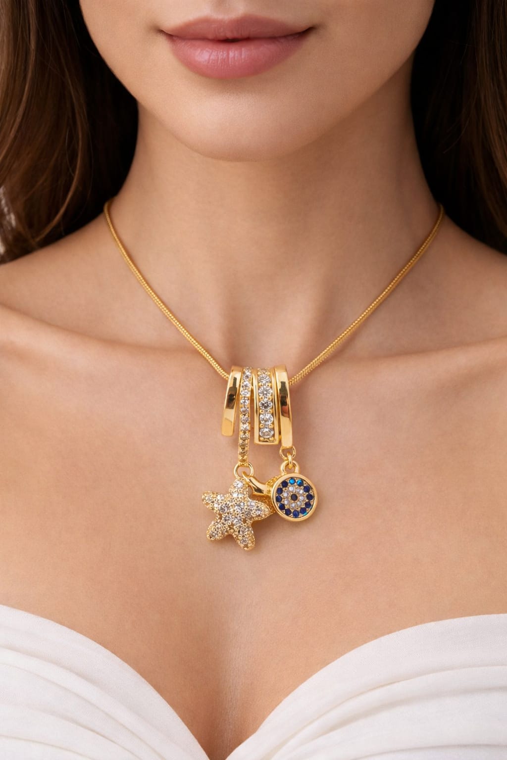 18K Gold Plated Star & Evil Eye Charm Pendant Necklace for Women | Anti-Tarnish Adjustable Chain