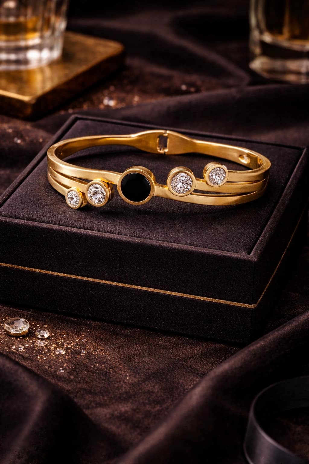 Luxury Gold Plated Crystal Bracelet for Women with Black Stone – Designer Elegant Kada - Image 2