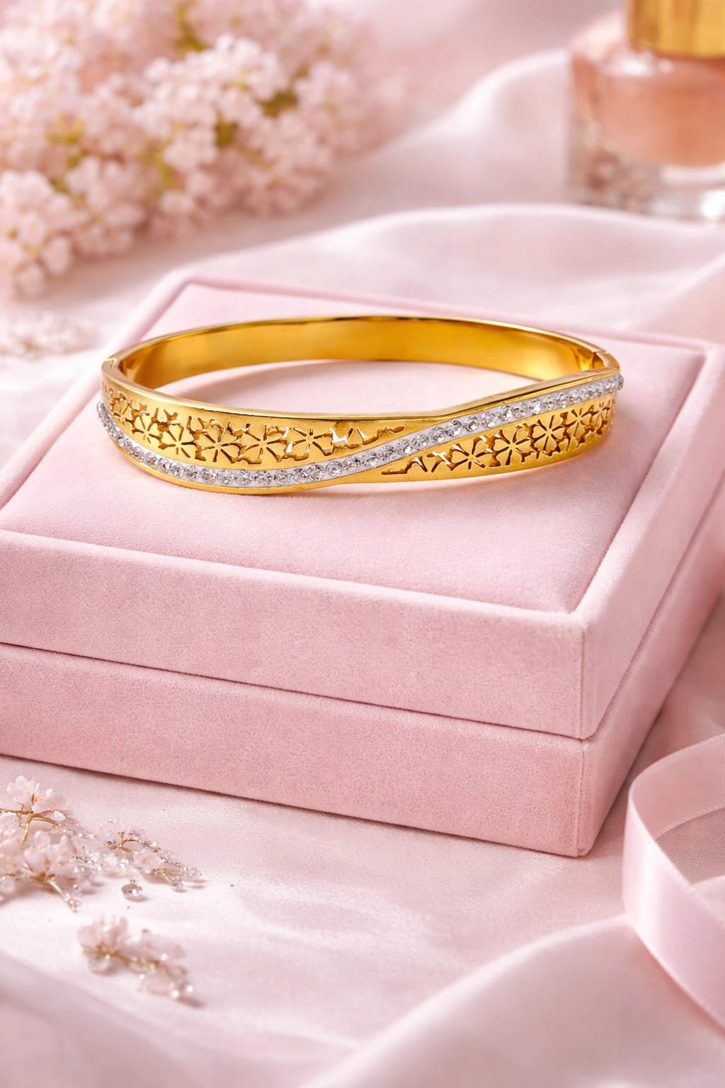 Luxury Floral Gold Plated Crystal Bracelet for Women | Elegant Designer Bangle - Image 2