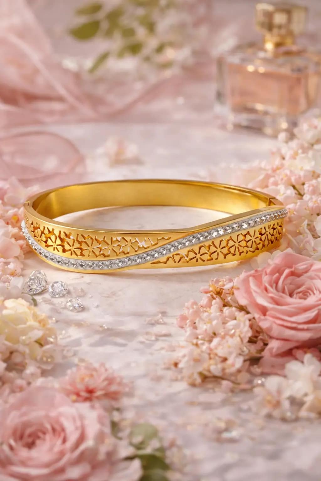 gold bracelet for women with floral design and crystal stones