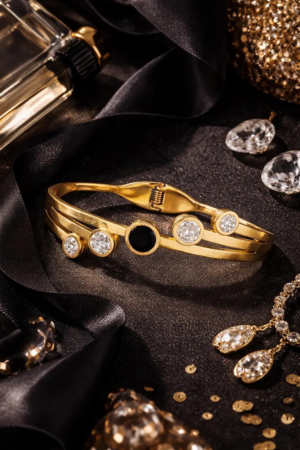 gold plated crystal bracelet for women with black stone designer kada