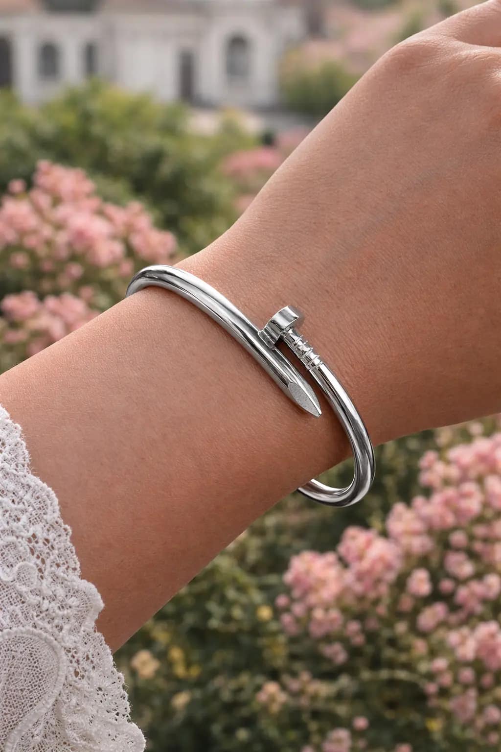 Modern Silver Nail Design Statement Bracelet for Women - Image 3