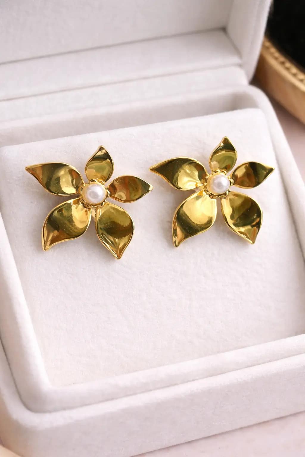 Elegant Gold Floral Pearl Stud Earrings for Women - Image 2