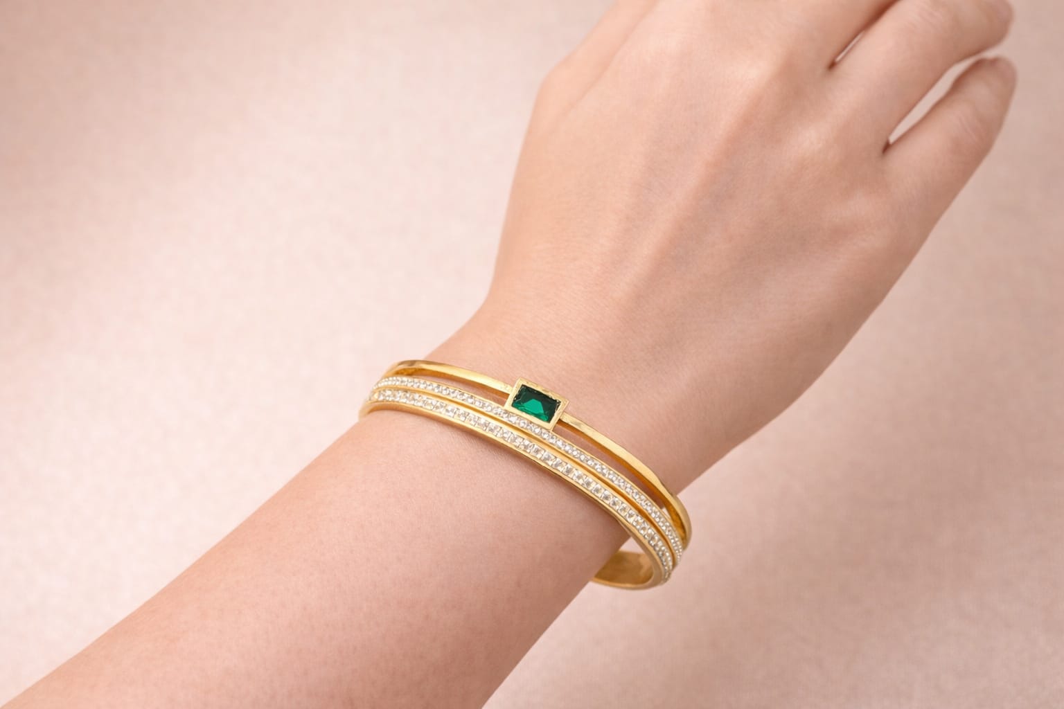 Emerald Green Stone Gold Cuff Bracelet for Women – Elegant Crystal Bangle - Image 2