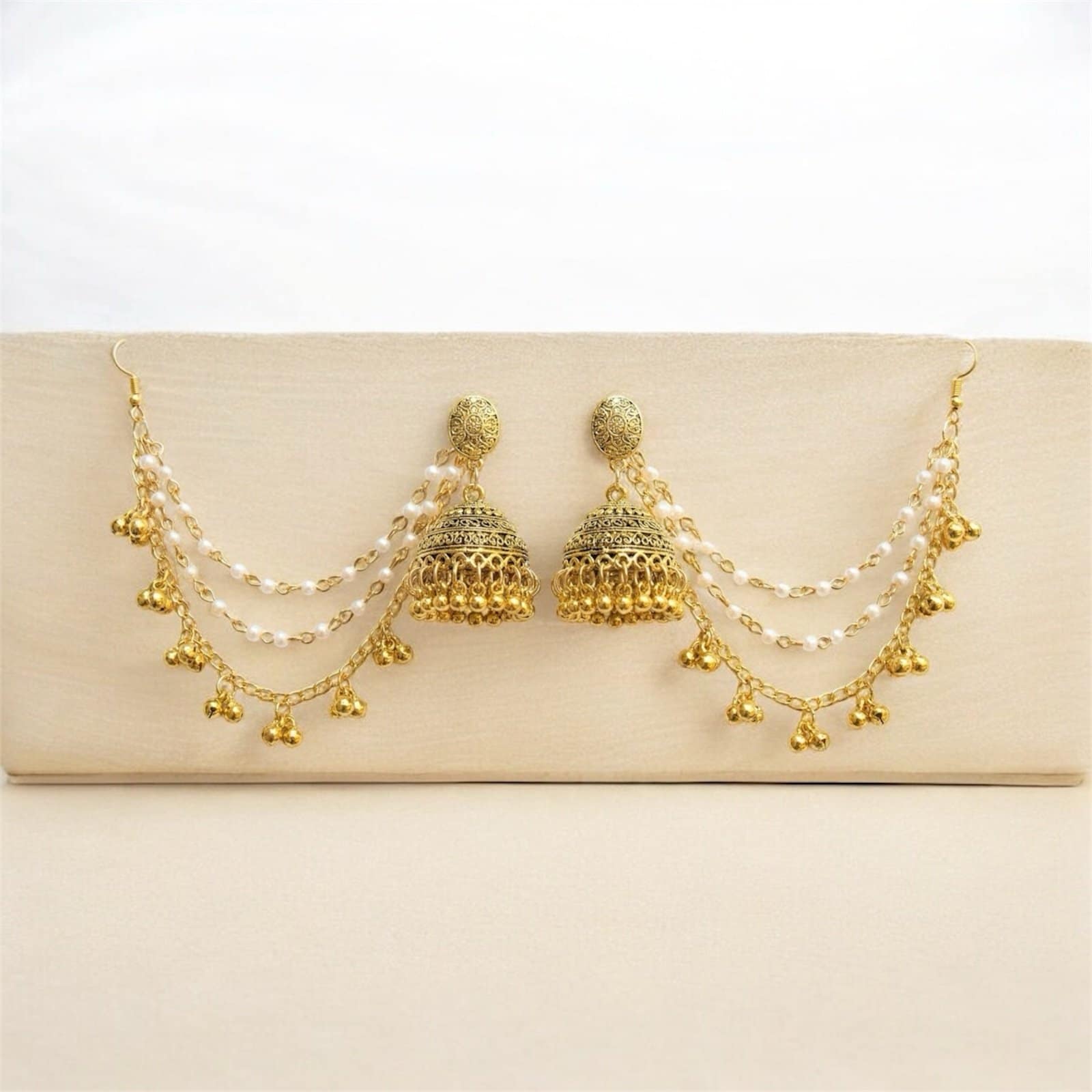 Royal Pearl Layered Jhumka Earrings with Ear Chain - Image 6