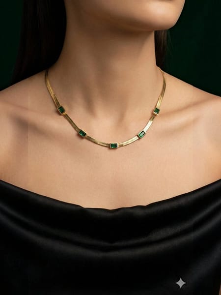 emerald green gold necklace for women with stone detailing