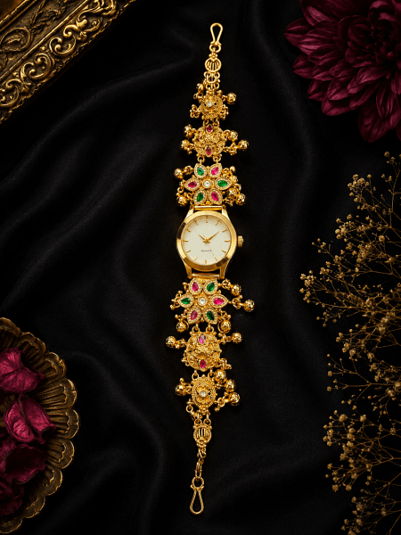 Haripriya Maharani Bracelet Watch for Women – Royal Gold Bracelet Watch with Emerald & Ruby Inspired Stone Design by VEDA JEWELS
