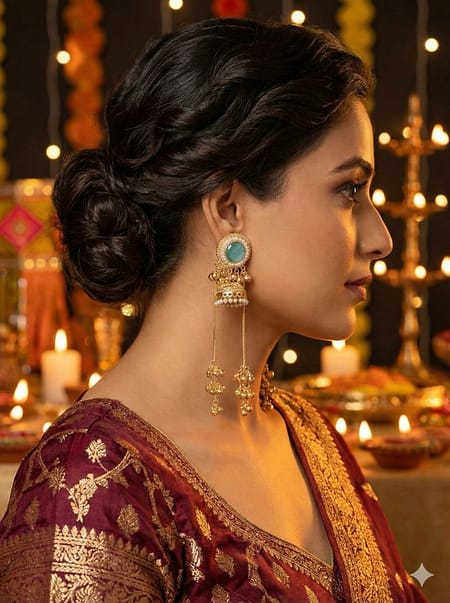 Azure Pearl Dome Long Jhumka Earrings – Matte Gold Finish