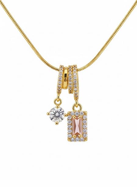 Dual Charm Gold Necklace with Pink Stone & Crystal Pendant