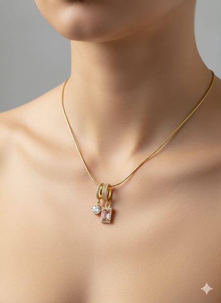 Dual Charm Gold Necklace with Pink Stone & Crystal Pendant