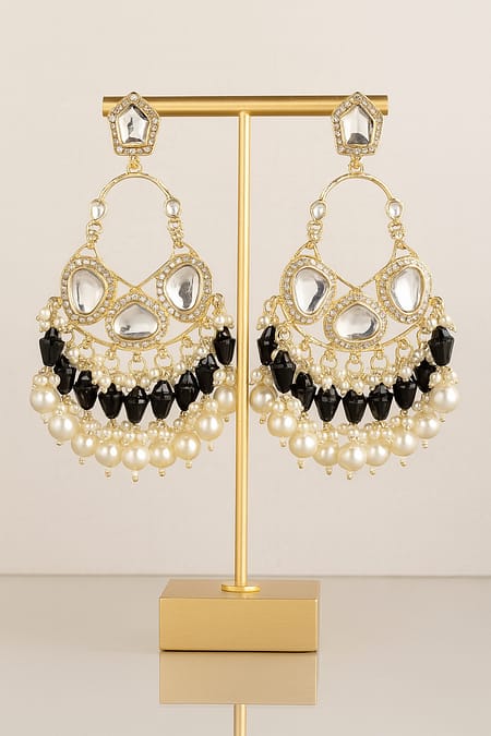 Black & White Kundan Pearl Chandbali Earrings