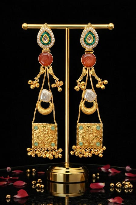 Kashmiri Kundan Pearl Long Drop Earrings