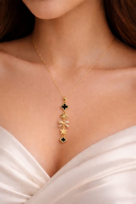 18K Gold Plated Black Clover Charm Necklace with Diamond Studded Bow & Star – Anti Tarnish