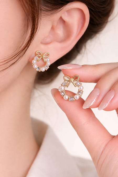 Gold Bow Pearl Stud Earrings with Pearl & Crystal Detailing