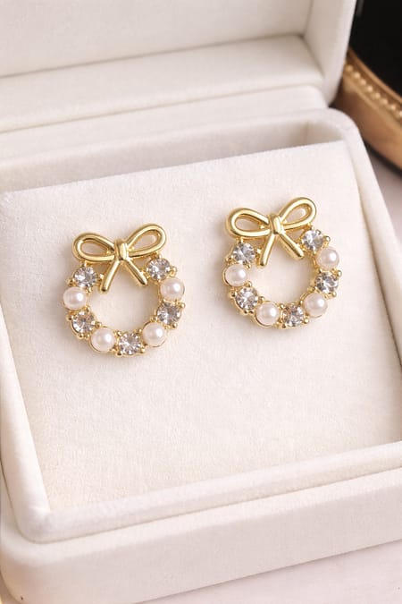 Gold Bow Pearl Stud Earrings with Pearl & Crystal Detailing