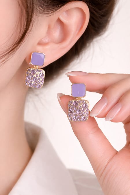 Purple Crystal Square Drop Earrings with Gold Plating and Stone Detailing