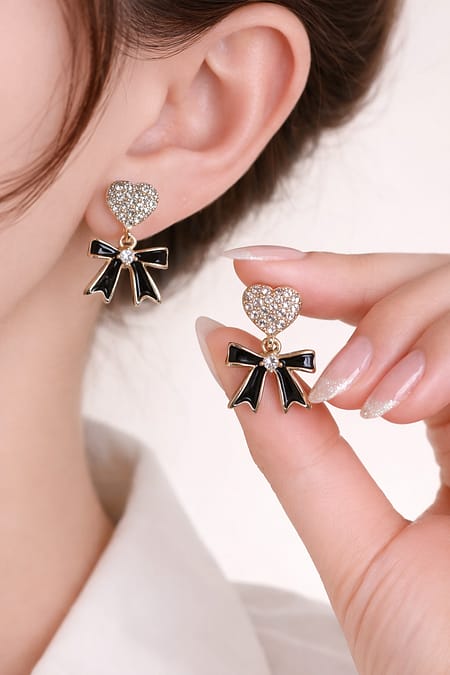 Gold Heart Bow Drop Earrings with Crystal Stud and Black Enamel Bow