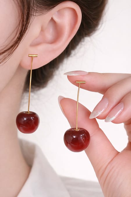 Cherry Drop Earrings with Glossy Red Finish and Gold Stem Design