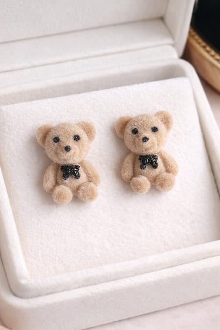 Teddy Bear Stud Earrings with Soft Plush Finish and Bow Detail