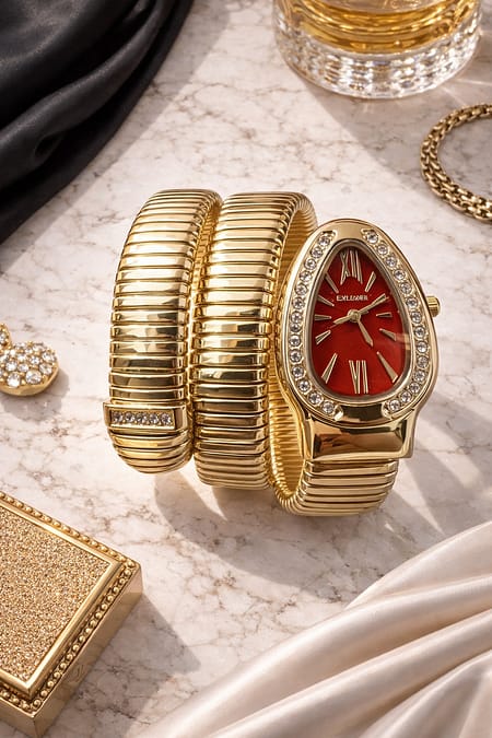 Gold Red Dial Women Watch with Crystal Bezel and Ribbed Strap