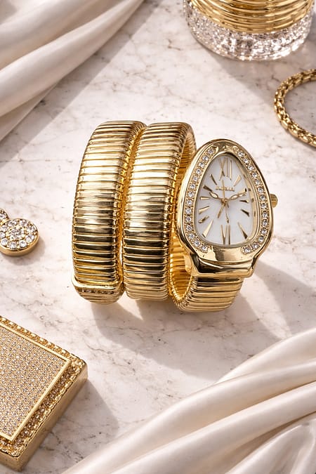 Gold White Dial Women Watch with Crystal Bezel and Ribbed Strap