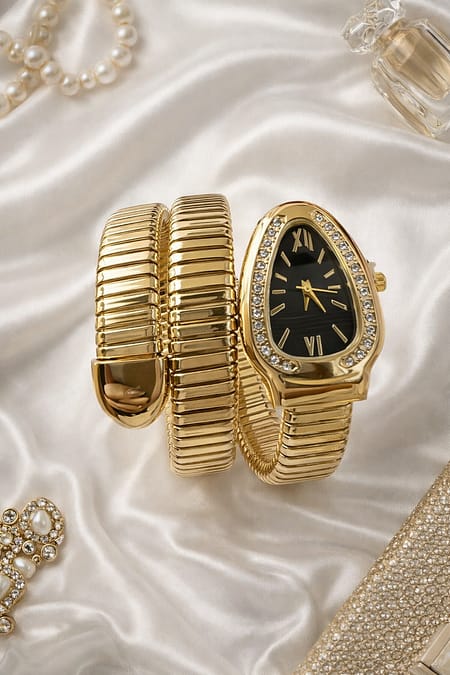Luxury Gold Snake Wrap Bracelet Watch for Women with Black Dial and Crystal Bezel
