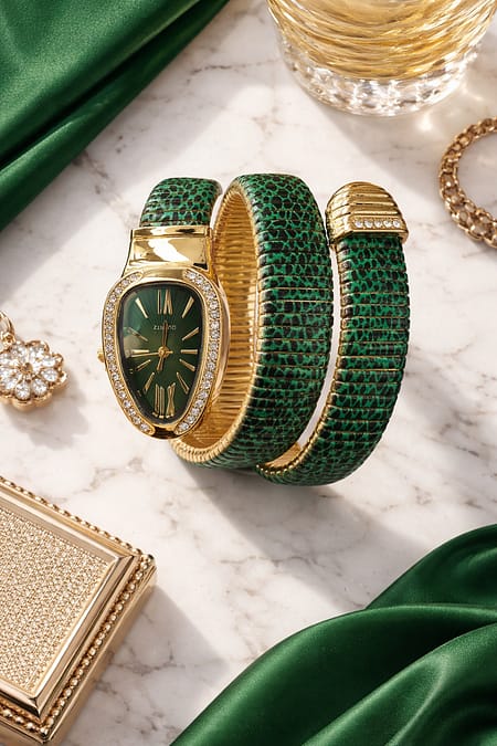 Emerald Green Snake Wrap Bracelet Watch for Women