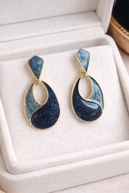 Elegant Blue Marble Drop Stud Earrings for Women with Gold Finish