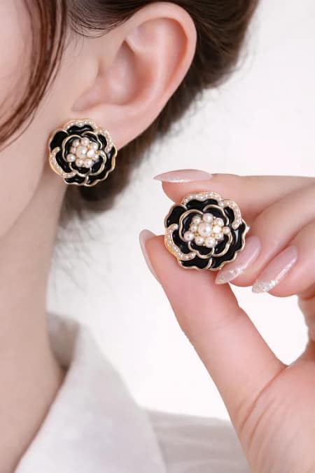 Elegant Black Flower Pearl Stud Earrings for Women with Gold Finish