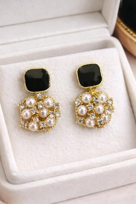 Black Onyx Pearl Cluster Stud Earrings for Women